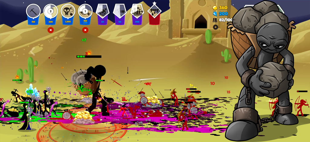 Stickman army battle in a desert featuring a massive giant unit in Stick War Saga.