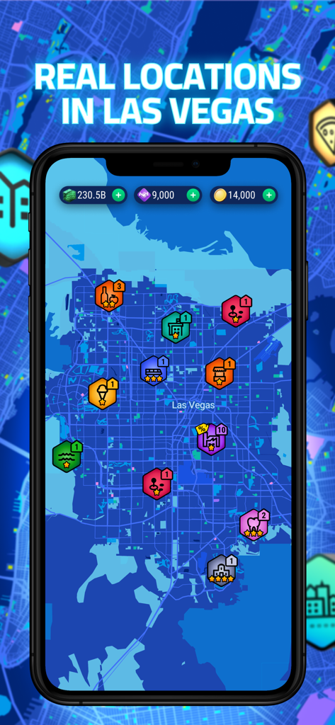 Get Rent: Trade Real Estate - Interfaz del juego de magnate inmobiliario que muestra un mapa digital de Las Vegas con ubicaciones de propiedades