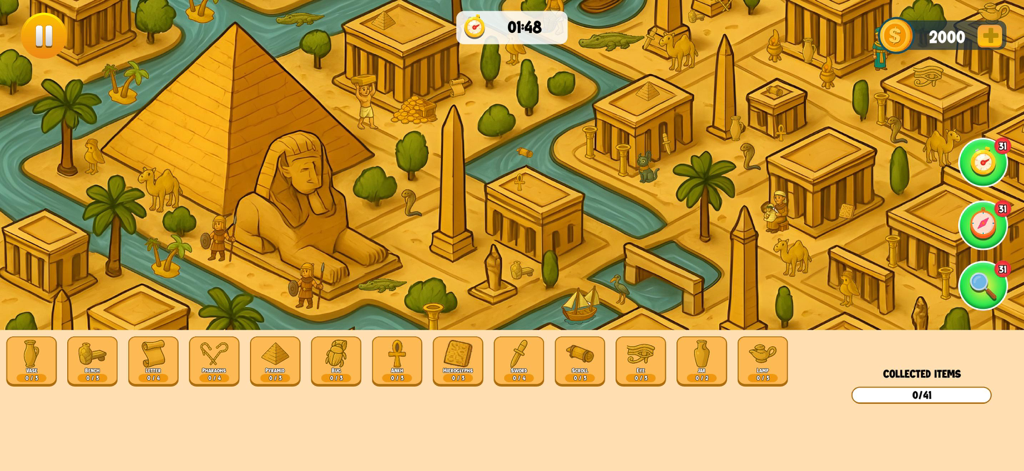 Hidden object game screenshot of an ancient Egyptian scene with pyramids and a sphinx.