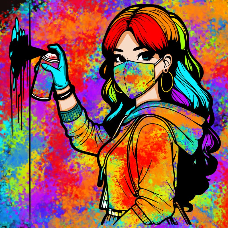 realistic girl with mask spray painting a wall