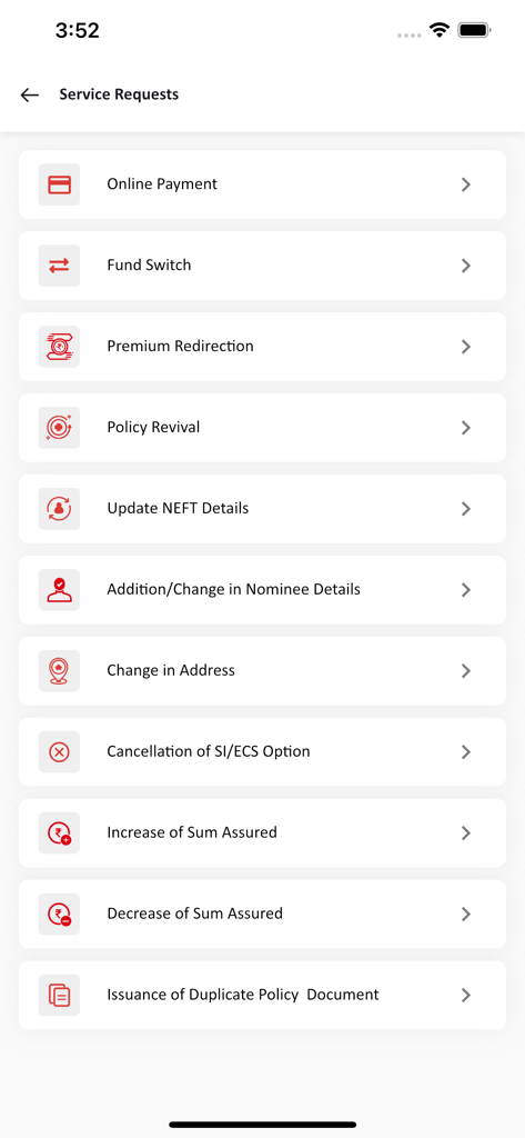 Canara HSBC Life - Service requests menu in the Canara HSBC Life app showing options for online payment fund switch and policy management