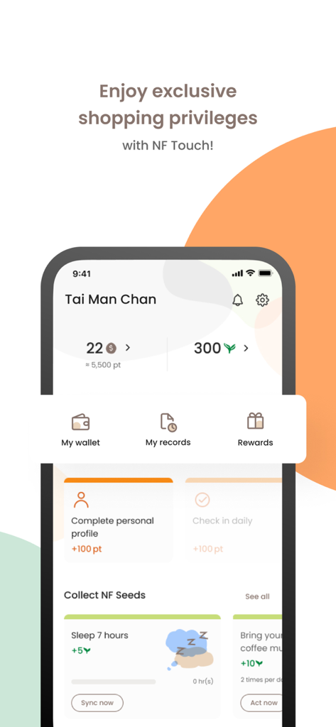 NF Touch - NF Touch app dashboard showing loyalty points and wellness goals like sleep tracking and eco-friendly habits