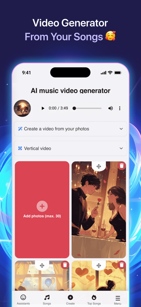 Mobile app interface for generating AI music videos from songs and personal photos.