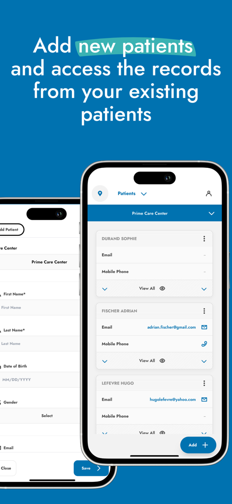 Interface of the Doctena Pro app showing a list of existing patient records and a form to add a new patient.