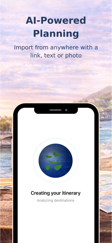 Itinify: Travel Planner - Smartphone screen displaying Itinify app generating a travel itinerary using AI