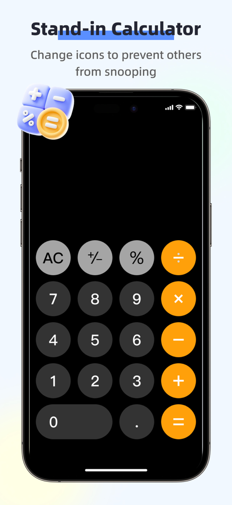 应用软件锁-软件锁、app lock、应用锁+ - Una pantalla de smartphone mostrando una interfaz de calculadora de reemplazo utilizada para ocultar aplicaciones privadas y prevenir fisgoneos