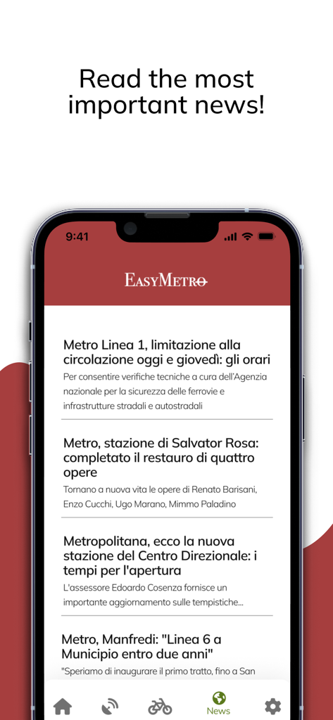 EasyMetro Italy - Mobile screen of EasyMetro Italy app news feed displaying transit updates for metro lines