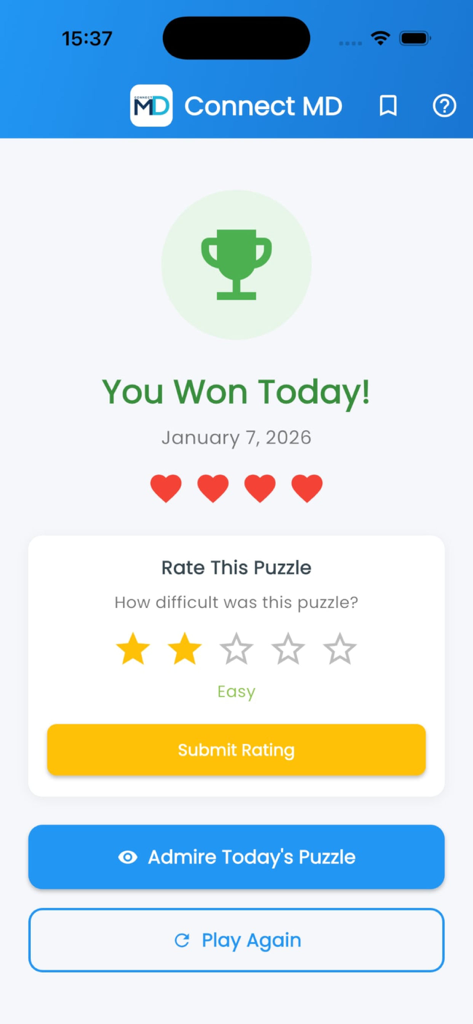 Tela de sucesso do Connect-MD com um ícone de troféu e classificação de dificuldade do quebra-cabeça