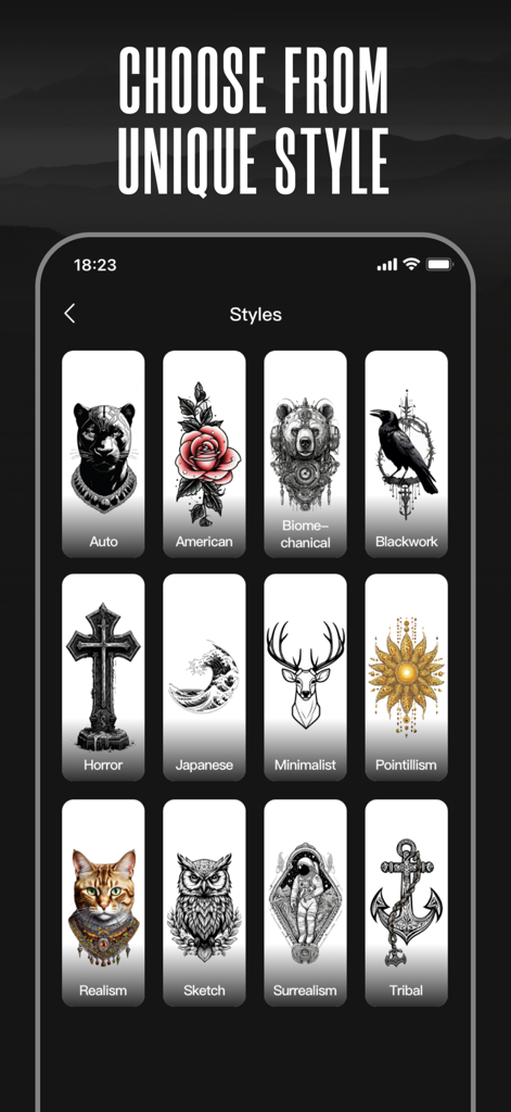 A menu of different tattoo styles available in the app including american minimalist and japanese styles