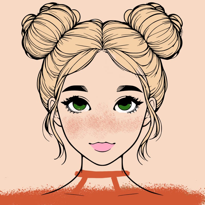 realistic girl with two buns on top of her head