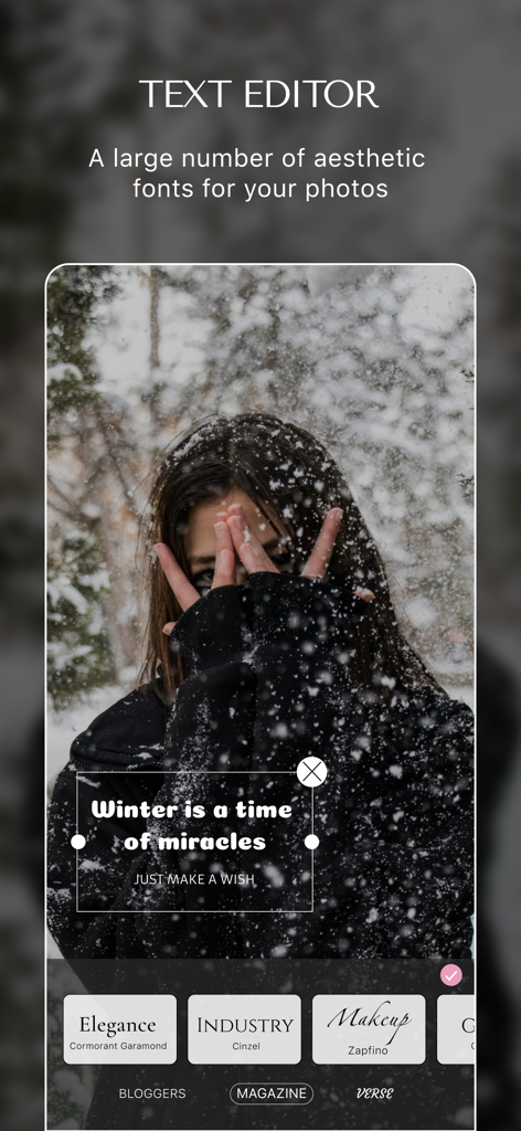 MalibooMake - Interface do aplicativo MalibooMake mostrando editor de texto estético e opções de fonte em um retrato de inverno