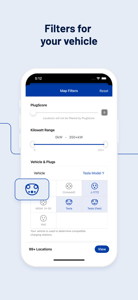 PlugShare mobile app screen showing map filters for electric vehicle charging stations and plug types
