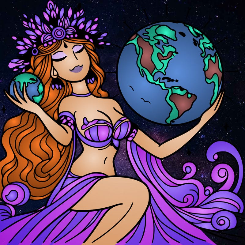 a goddess holding the earth in her hands