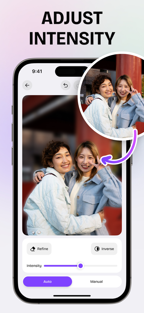 Blur Background: Photo Retouch - Interface mostrando o ajuste de intensidade de desfoque para uma foto de retrato no aplicativo Desfoque de Fundo.