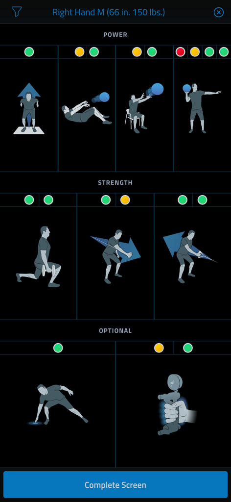TPI Pro app screening interface showing color-coded results for power and strength exercises.