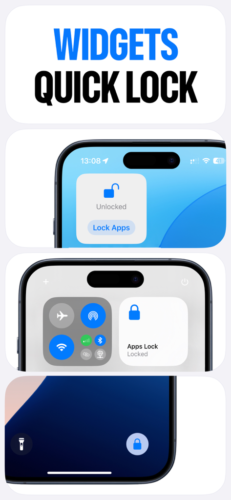 Demostración de widgets de bloqueo de apps y funciones de bloqueo rápido en una pantalla de iPhone