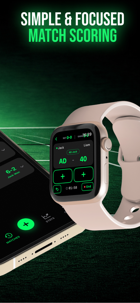 Interfaz de seguimiento de puntuación de tenis en Apple Watch y iPhone
