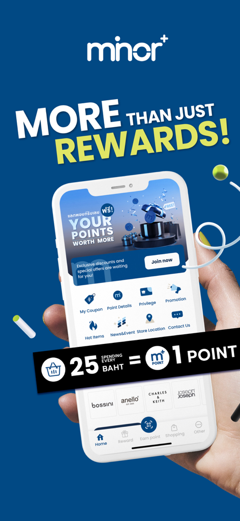 MinorPlus mobile app interface showing loyalty points and rewards for lifestyle brands