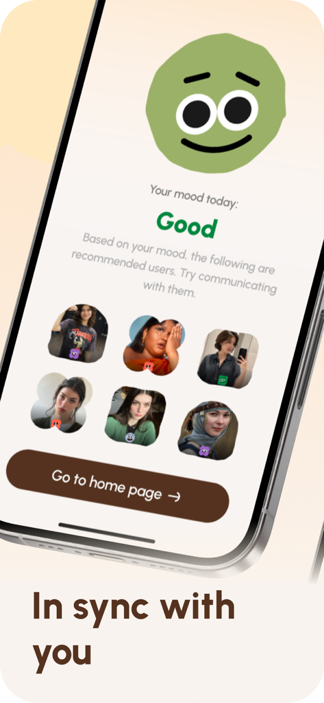 Bubblely – Softly Connected - Screenshot of Bubblely app displaying a daily mood bubble and recommended community connections.