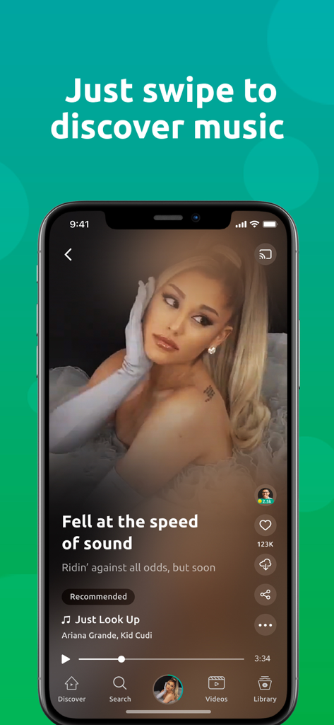 Pleng app mobile interface showing music discovery feature with swipe action and Ariana Grande song