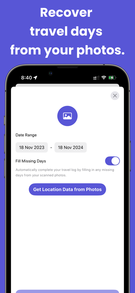 Places Been: Country Tracker - Smartphone screen showing the feature to extract travel dates and locations from photo metadata in the Places Been app.