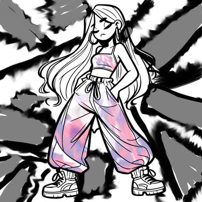 girl in baggy pants crop top and long hair