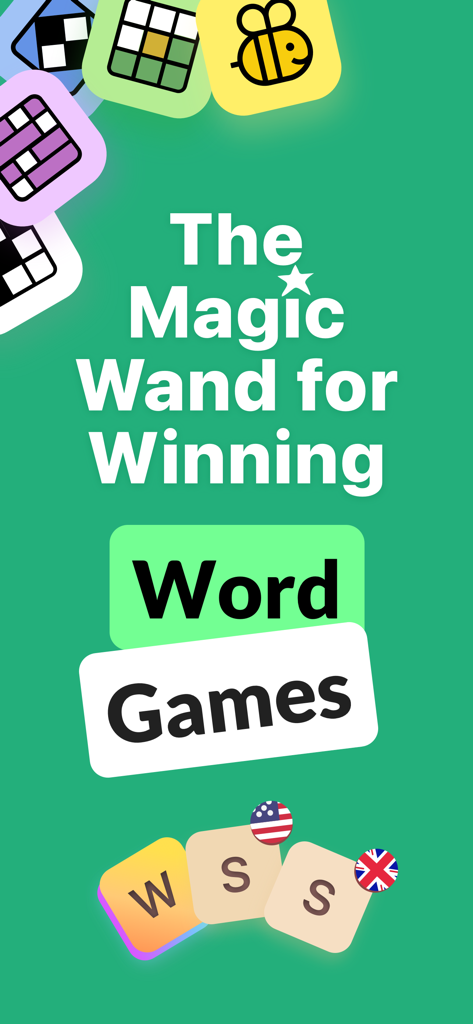 Wordfinder by WordTips - Promotional image for Wordfinder by WordTips titled The Magic Wand for Winning Word Games featuring word puzzle icons and letter tiles.