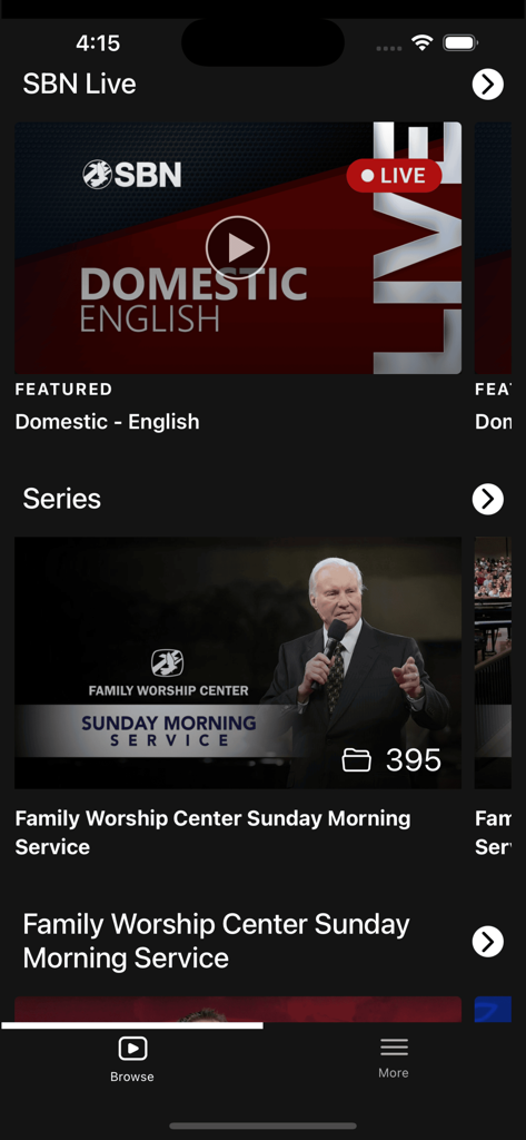 SBN NOW - SBN NOW app interface showing live religious broadcasts and sermon series