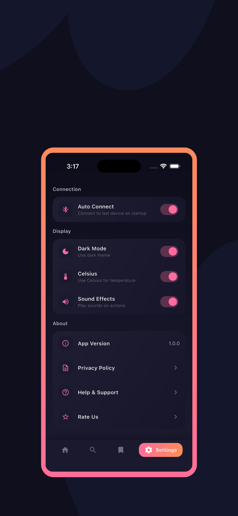 Smart AC Remote Control - Schermata delle impostazioni dell'app Smart AC Remote Control con opzioni di configurazione del display e della connessione.