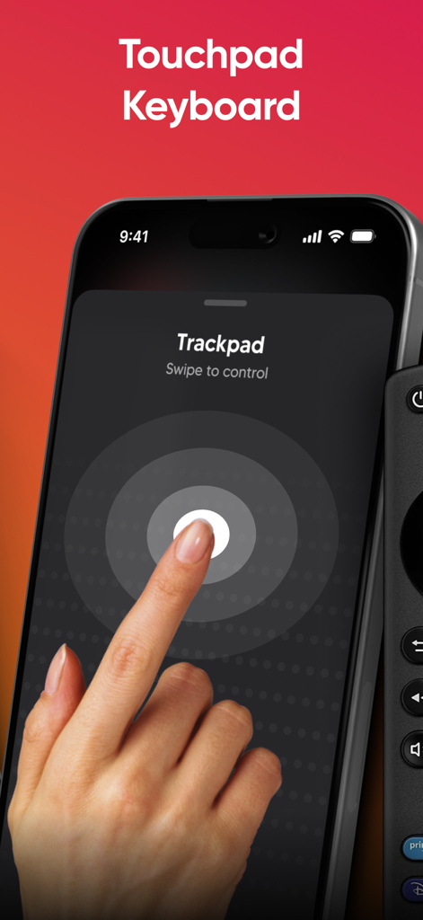 Fire TV Remote Universal Stick - An iPhone screen displaying the trackpad interface of the Fire TV Remote app with a hand demonstrating a swipe gesture
