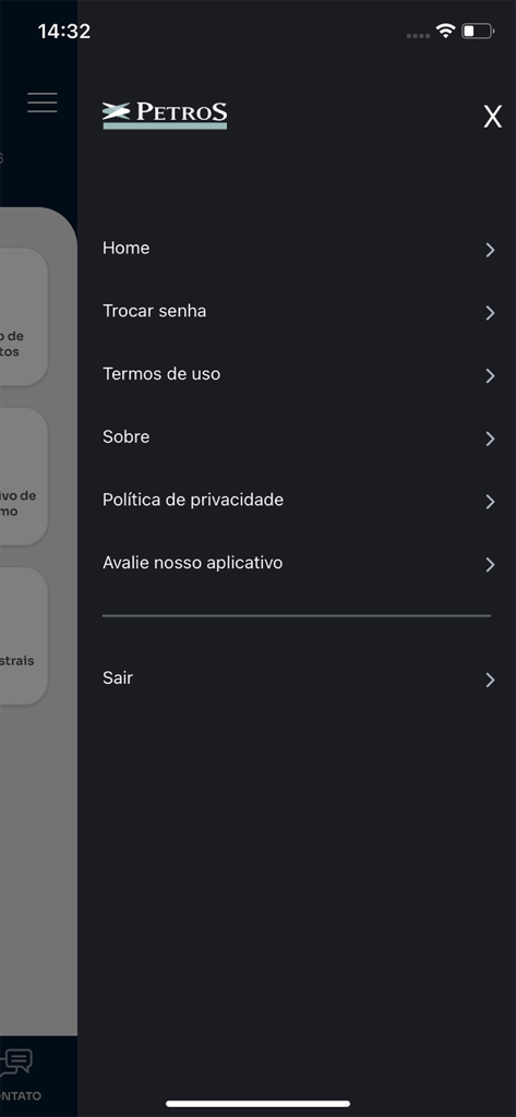 Menu de navegação lateral do aplicativo Petros mostrando opções de conta e informações em português