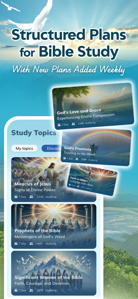 Bible Chat: Study・Daily Verse - Mobile app interface displaying structured Bible study plans and religious topics