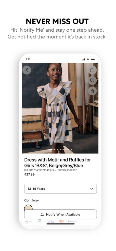 ZIPPY Kidstore app product page showing a girls dress and a Notify When Available button for back-in-stock alerts
