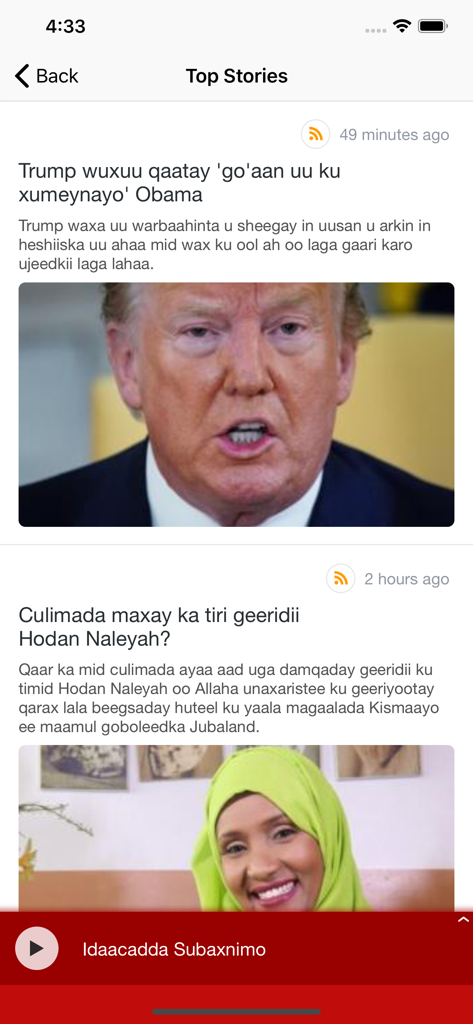 BBC News Somali - Screenshot of the BBC News Somali app showing top news stories and a radio player.