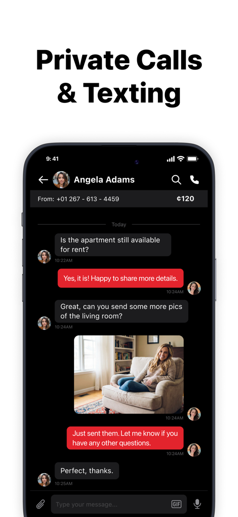 Text Shield: Disposable Number - Smartphone screen showing a private text conversation for an apartment rental in the Text Shield app