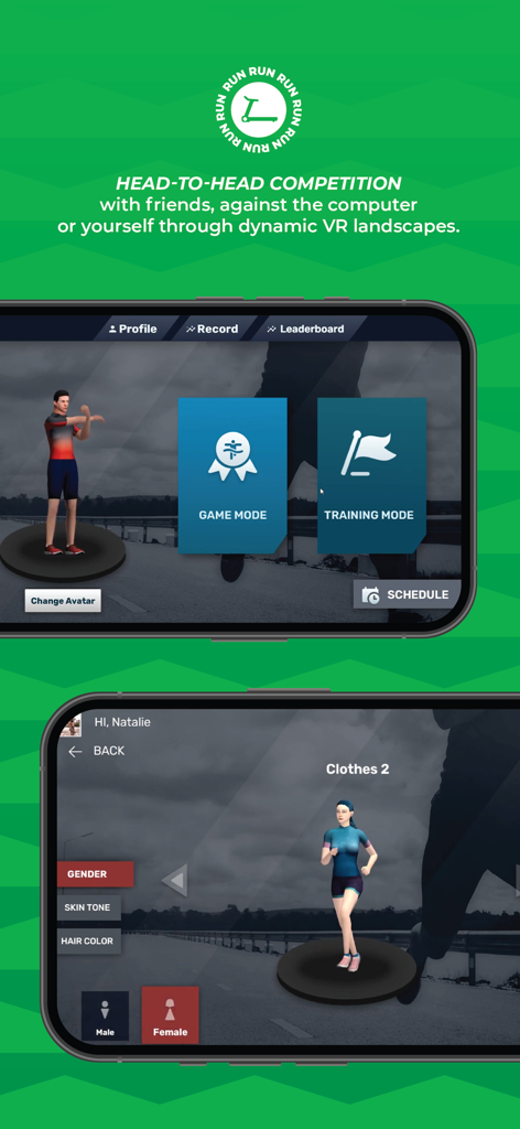 Echelon Worlds App-Oberfläche zeigt virtuelle Rennmodi und Avatar-Anpassung