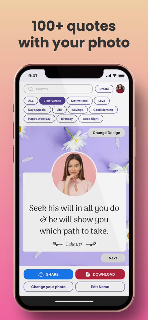 Crafto app screen showing a personalized Bible verse quote with a user photo for social media status.