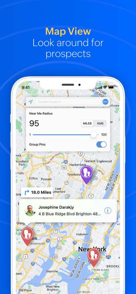 Zoho CRM - Sales & Marketing - Zoho CRM mobile app map view showing sales prospects and the near me radius feature for field sales