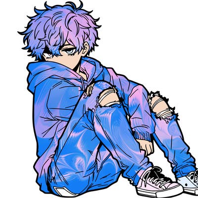 a male hoddie ripped jeans messy hair anime