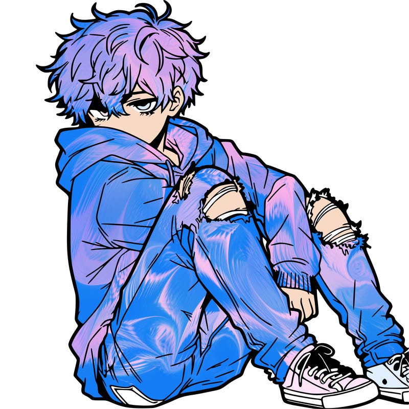 a male hoddie ripped jeans messy hair anime
