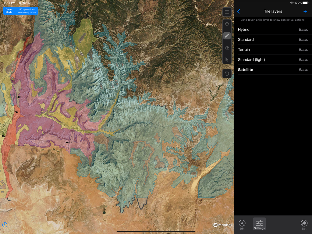 Mapboard GIS - Mapboard GIS interface showing geological overlays on a satellite map and tile layer settings.