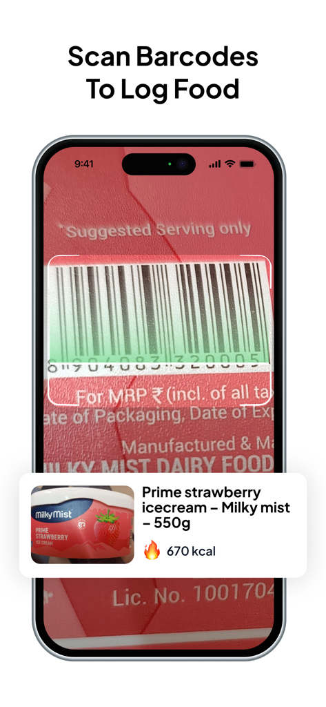 Using Cal AI app barcode scanner to identify strawberry ice cream calories and nutritional information.
