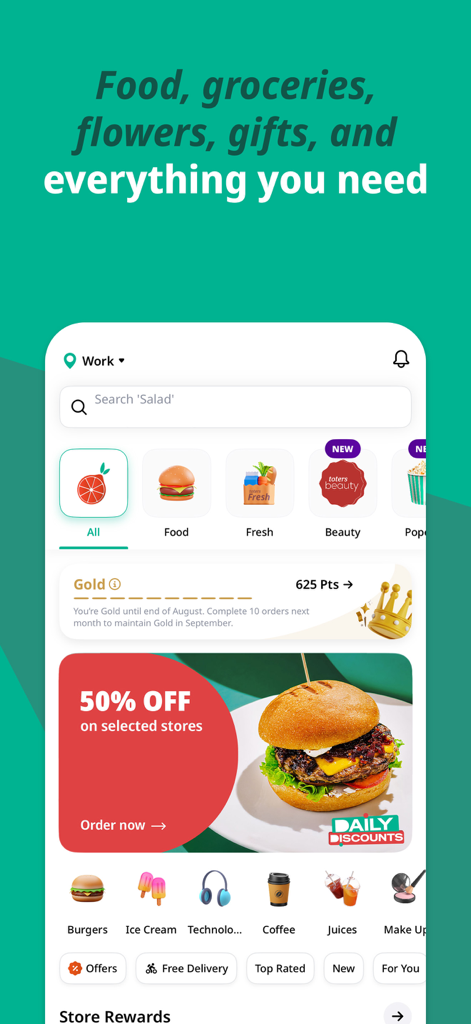 Toters app home screen displaying food and grocery categories and a loyalty rewards status bar