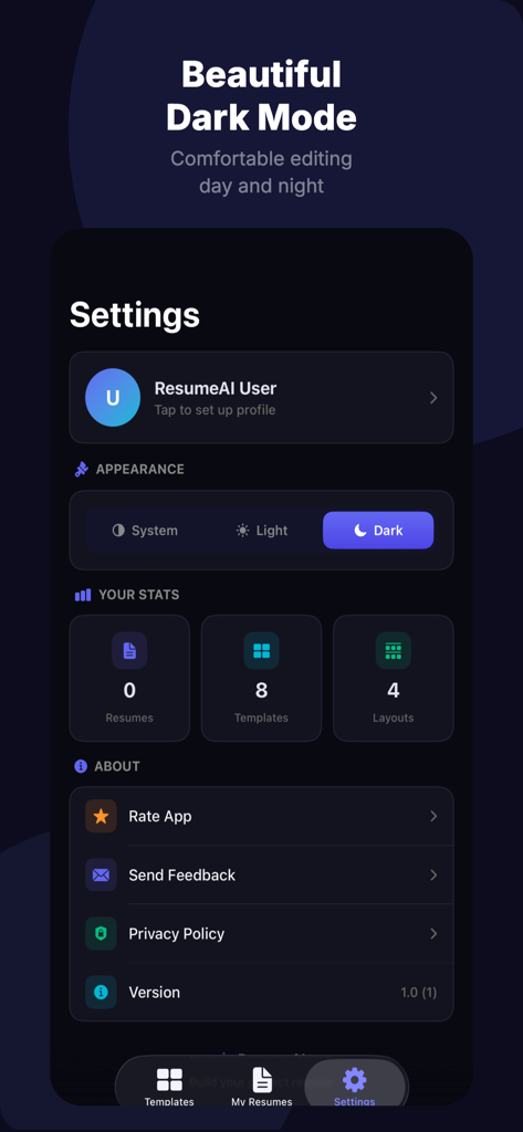 ResumeAI app settings screen showing dark mode appearance options and user statistics.