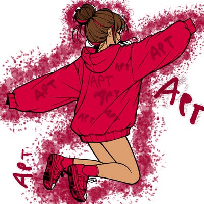 realistic girl jumping with a bun and oversized sweatshirt