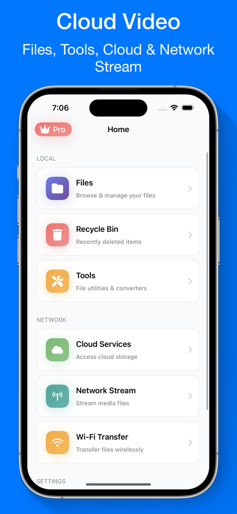 Home screen interface of the Cloud Video Player app featuring local files tools and cloud services navigation