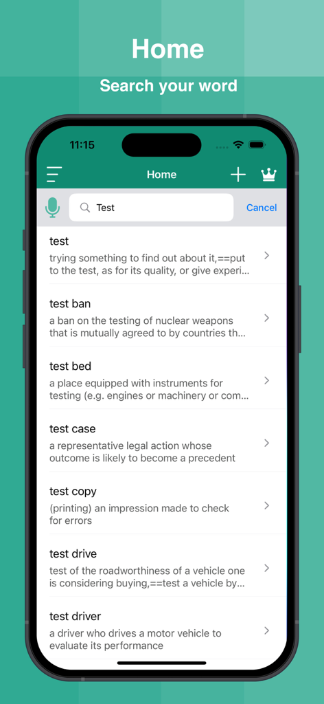 English Dictionary Offline app home screen displaying search results and definitions for the word test