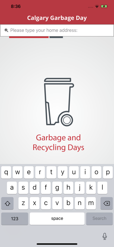 Search screen for the Calgary Garbage Day app where users enter their home address to find waste collection schedules.