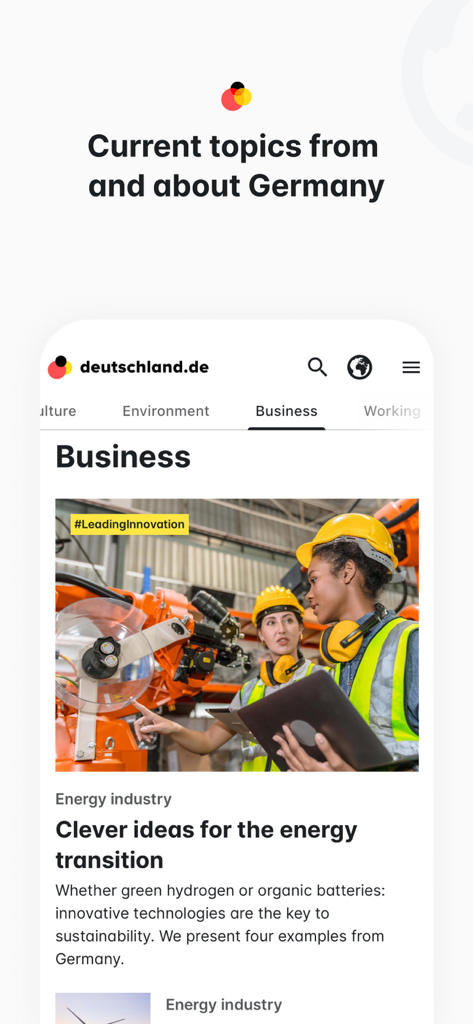 Mobile interface of the deutschland.de app showing the business section with an article about the energy transition in Germany