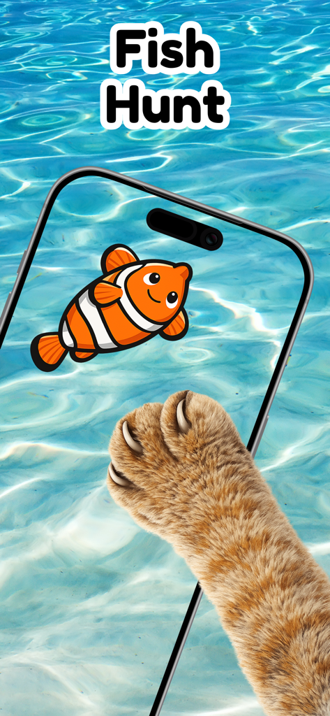 Cat Games for Cats - Cat paw playing Fish Hunt game on a smartphone screen